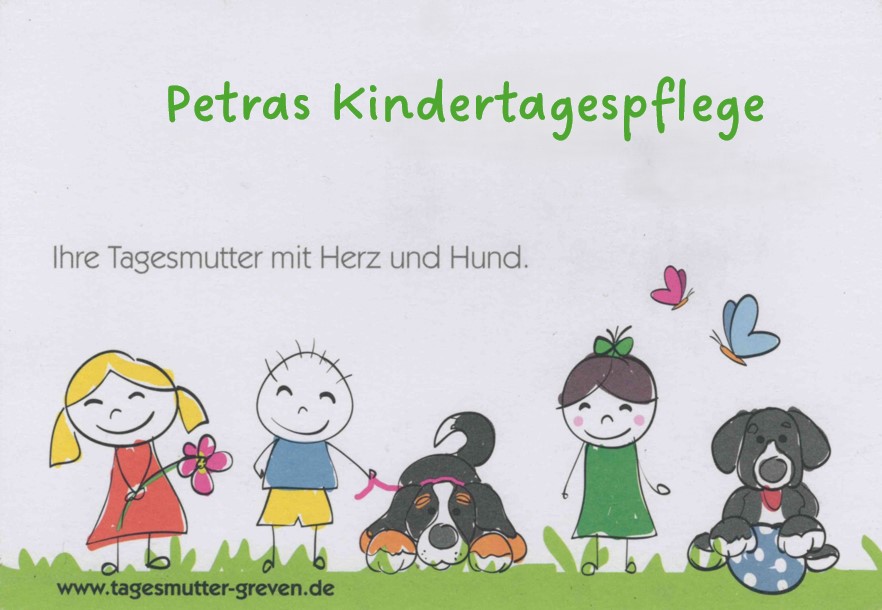 Petras farbenfrohe Illustration: Kinder und Hunde auf einer grünen Wiese